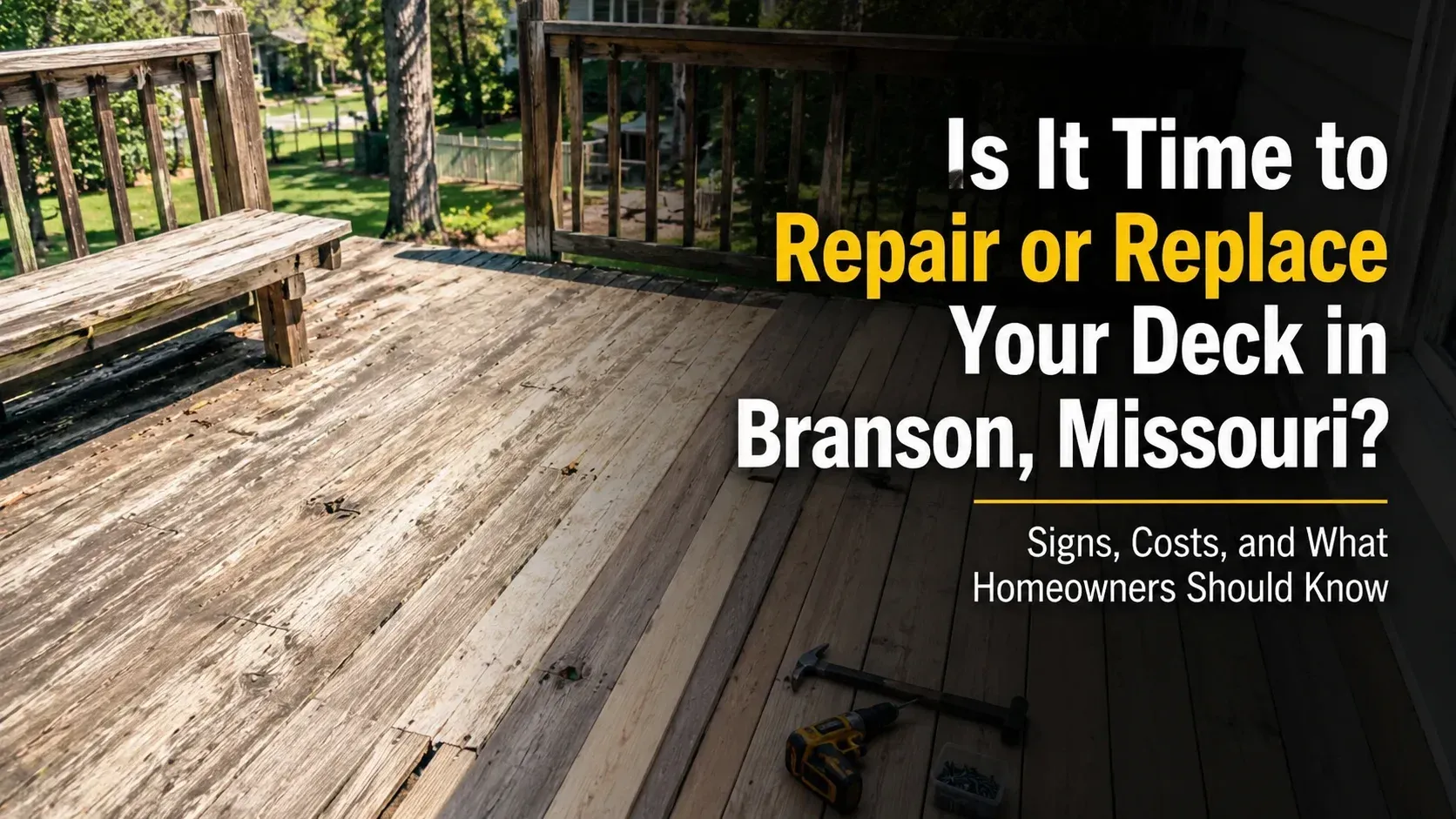 An aging wooden deck undergo repairs, with text overlay asking is it time to repair or replace your deck in Branson, Missouri.