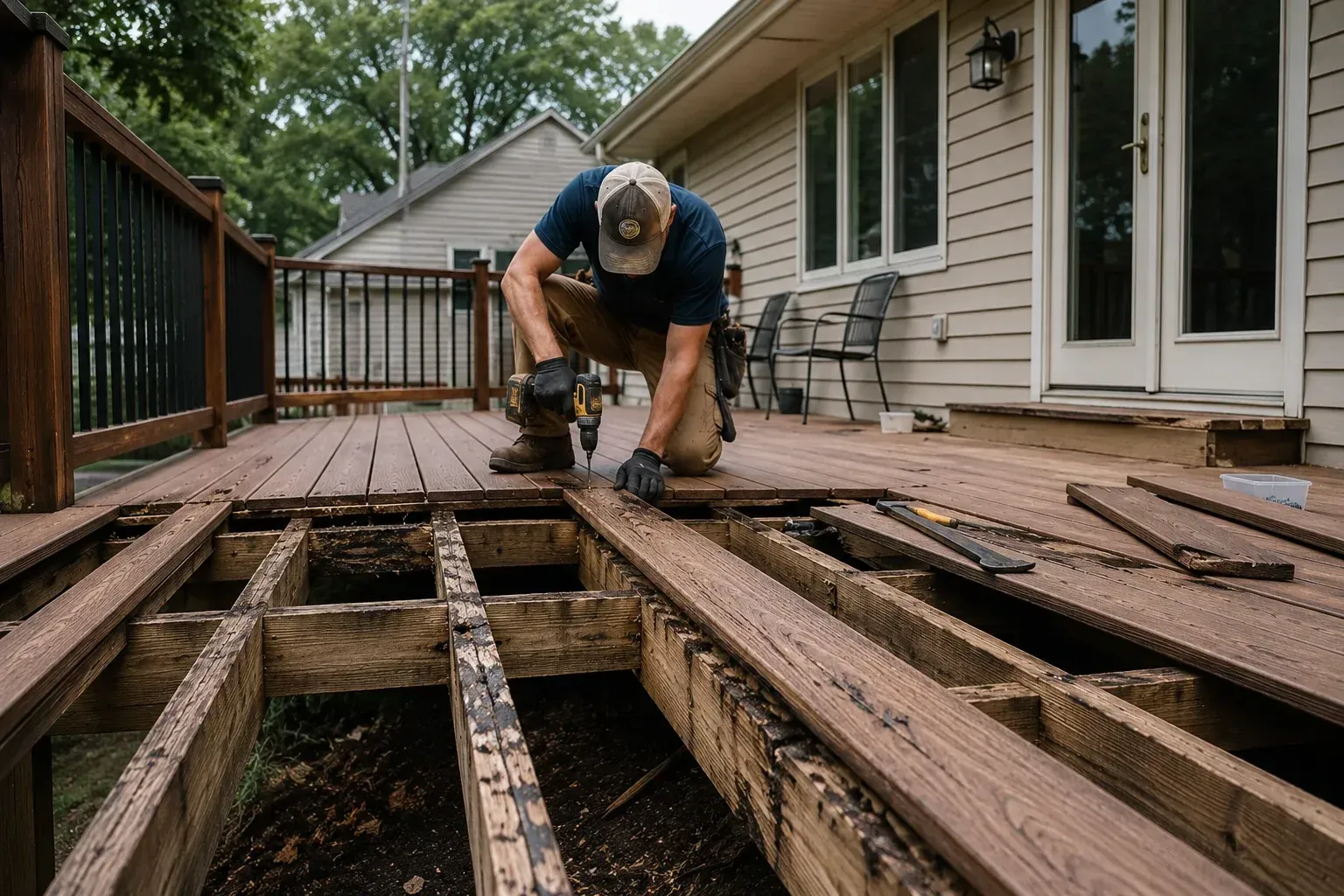 Contractor replacing deck boards to show is it time to repair or replace your deck.