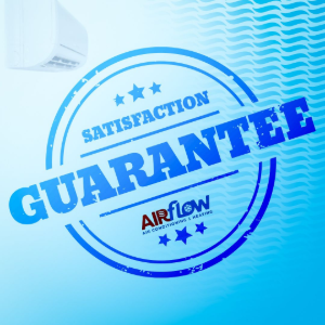 Blue “SATISFACTION GUARANTEE” stamp with stars and Airflow logo on a light blue background