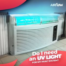 Window air conditioner with glowing blue UV light and text asking, “Do I need an UV light for my HVAC system?”