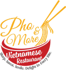 Pho & More Vietnamese Restaurant logo with red bowl, noodles, chopsticks, and orange script text