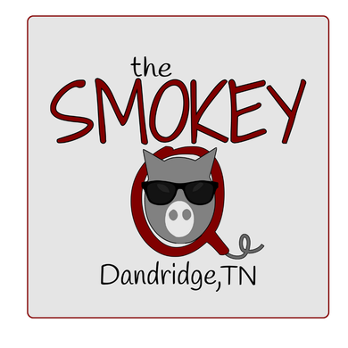 A logo for the smokey dandridge tn with a pig wearing sunglasses.