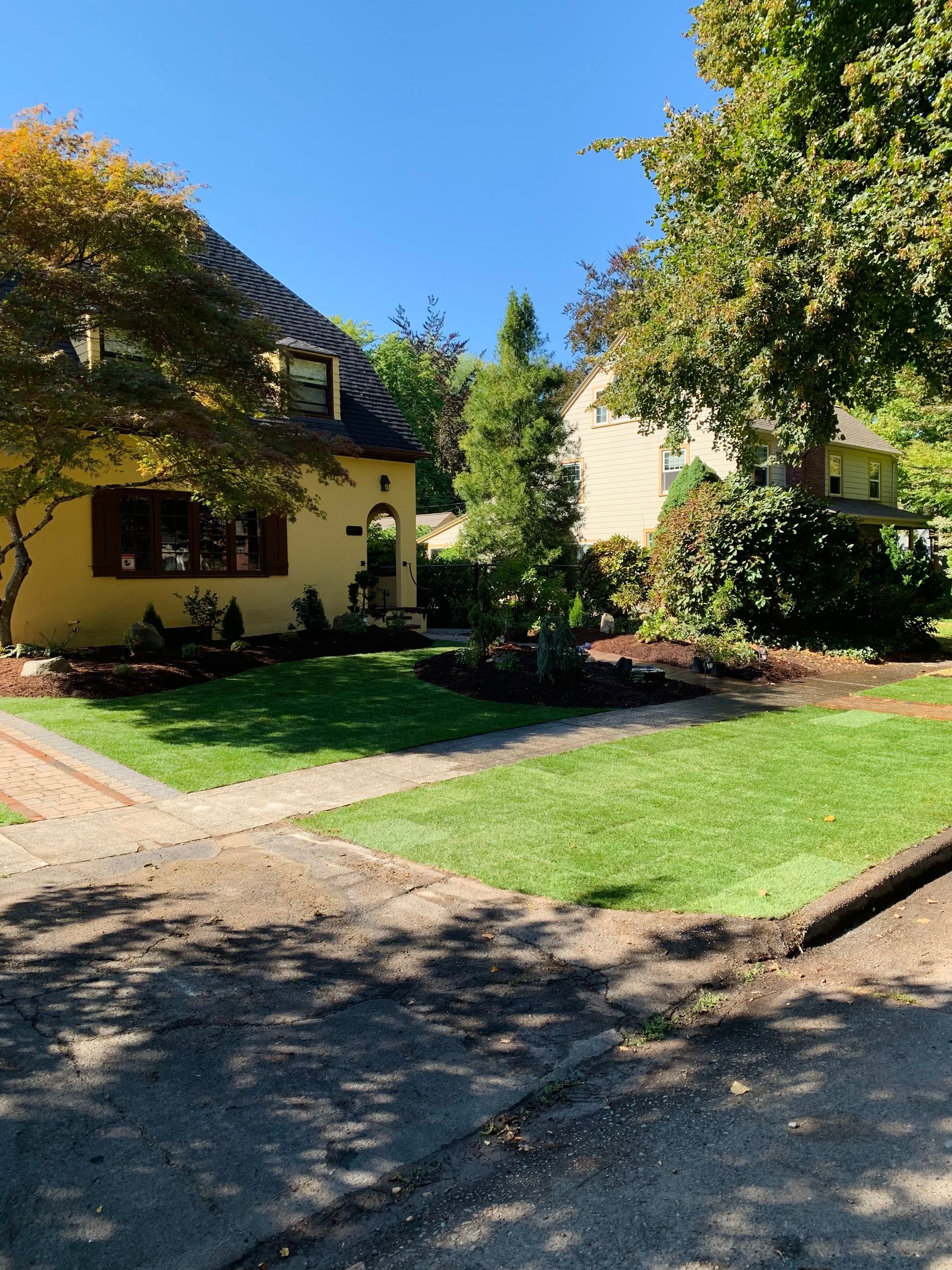 Yellow house with lush green lawn and trees on a sunny day.