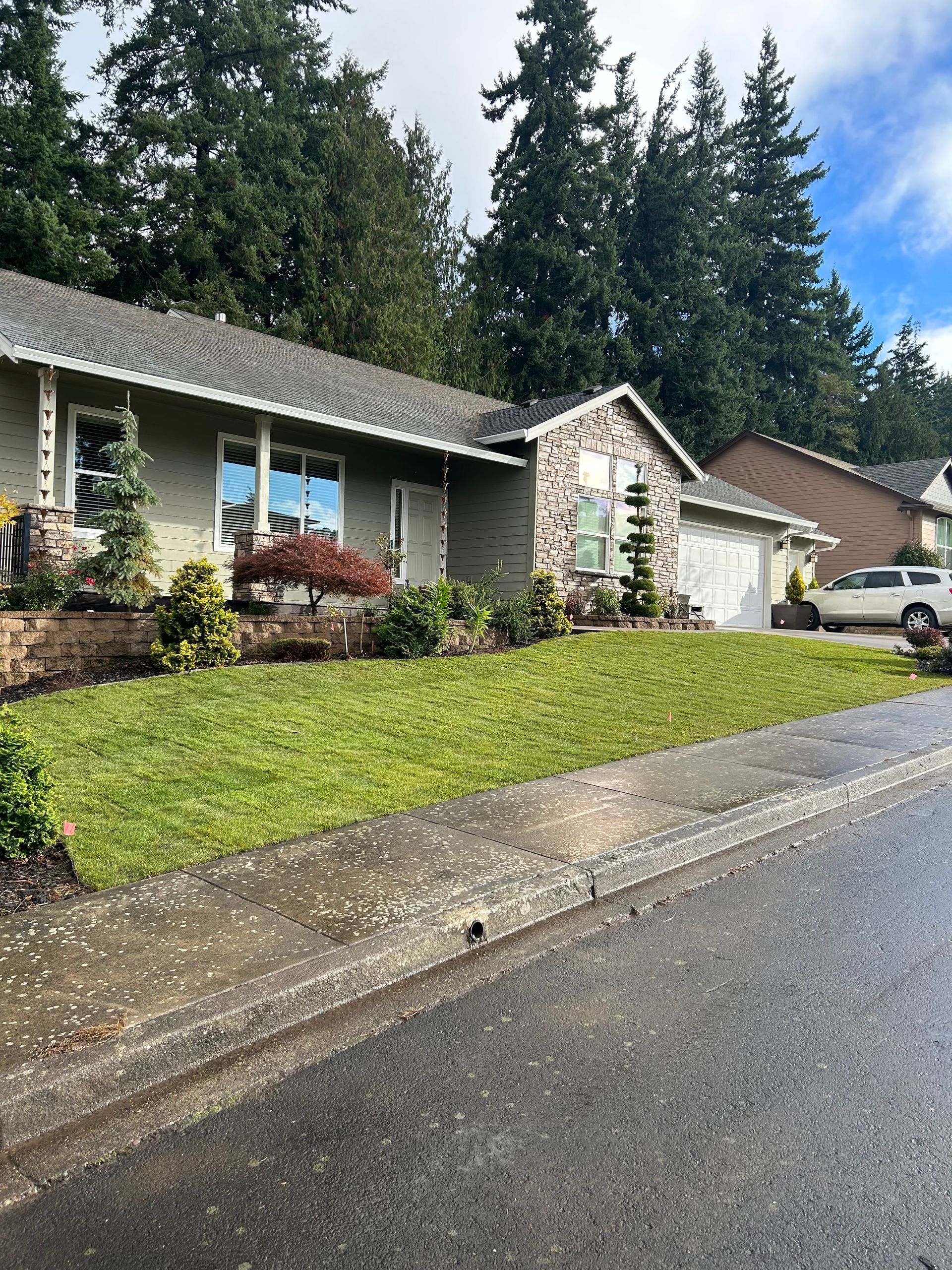 A one-story house with green grass, a stone facade, and a car parked on the street.