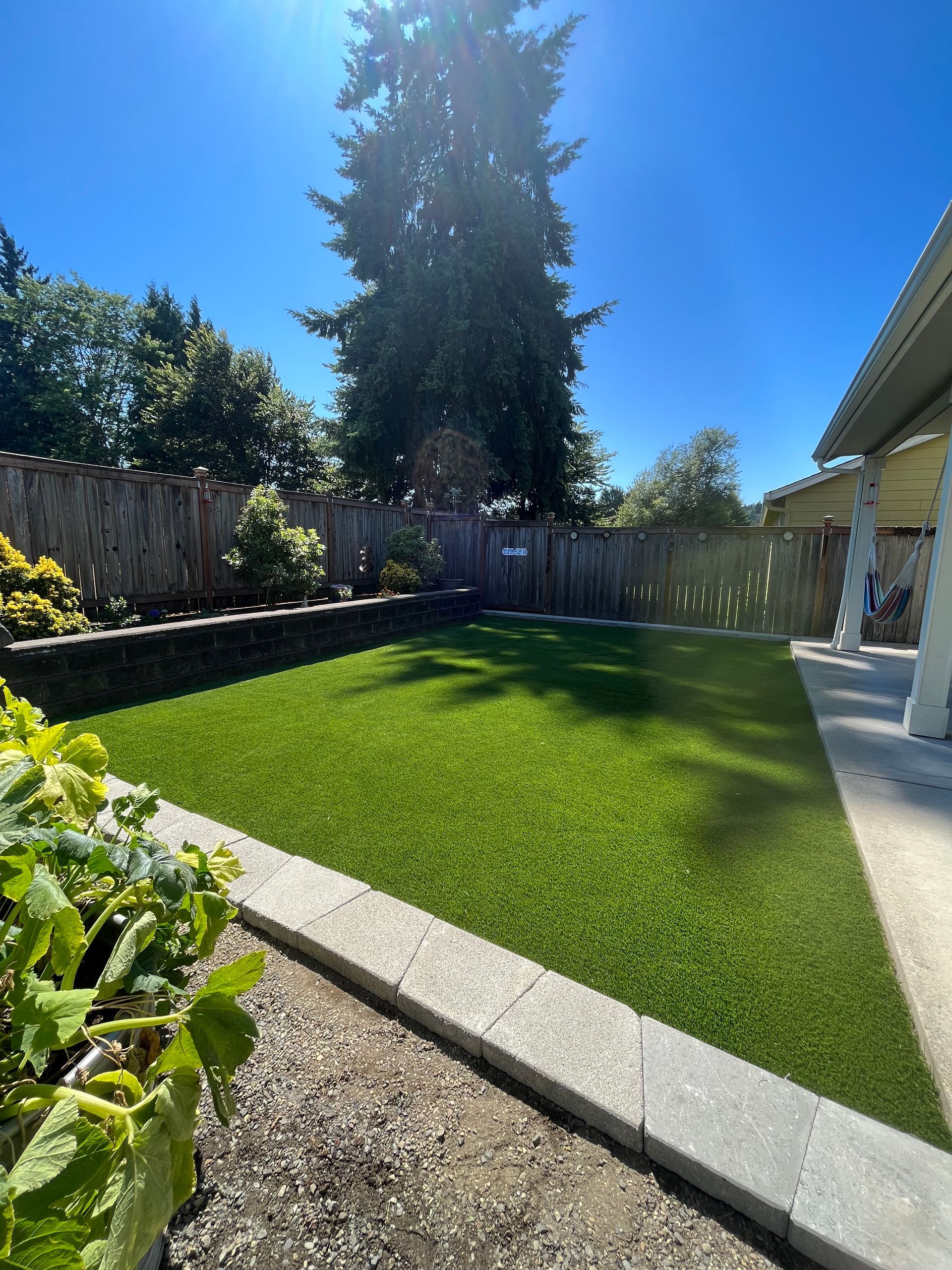 Backyard with green turf, gray retaining wall, wooden fence, trees, and blue sky.