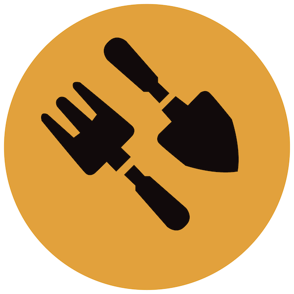 a shovel and fork are silhouetted against a yellow background .