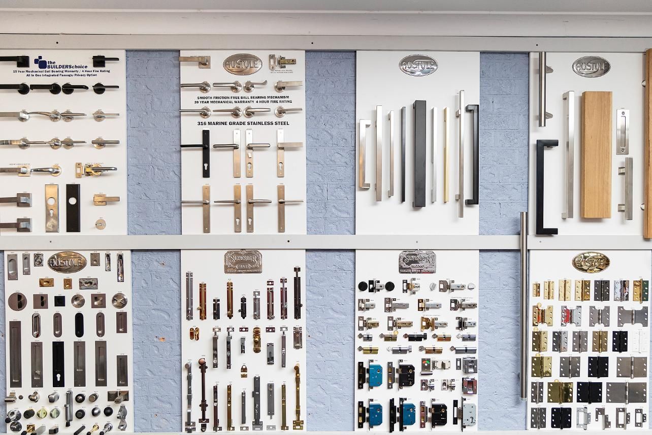 Display of Various Door Hardware Samples Mounted — Active 247 Locksmith and Security Services Forster In Forster, NSW