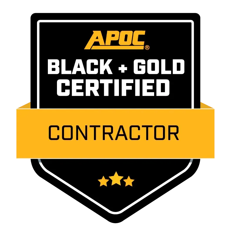 A black and gold certified contractor badge with three stars.