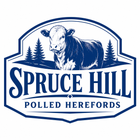 Spruce Hill Polled Herefords logo with blue cow and pine trees in a shield emblem