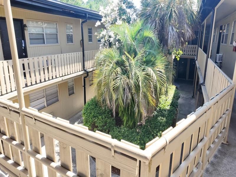 Two-story beige apartment complex courtyard with palm trees and a wooden balcony railing at Caroline Village in Jacksonville, FL.