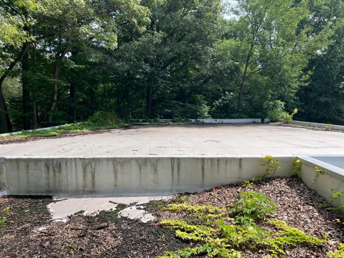 Concrete platform and retaining wall at a wooded park, with scattered weeds in the foreground.
