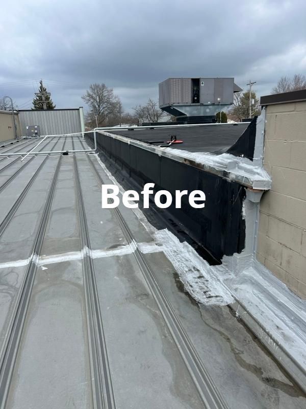 Rooftop scene with a gray metal roof and a damaged black parapet wall labeled “Before.”
