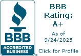 BBB Accredited Business logo, A+ rating as of 9/24/2025.