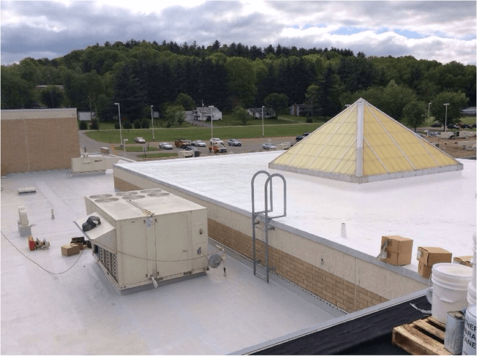 Flat white commercial roof with HVAC unit and pyramid skylight, ladder, with a wooded hillside in the background.