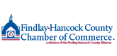 Logo of the Findlay-Hancock County Chamber of Commerce, featuring a blue arch, a building, and text.