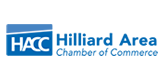Logo of HACC Hilliard Area Chamber of Commerce; blue and white text on white.