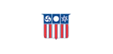Emblem with three symbols over a flag with red and white stripes.