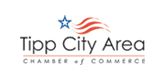 Logo for Tipp City Area Chamber of Commerce: text with star and striped wave graphic.
