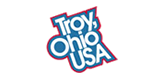 Logo for Troy, Ohio, USA in blue text with white and red outlines.