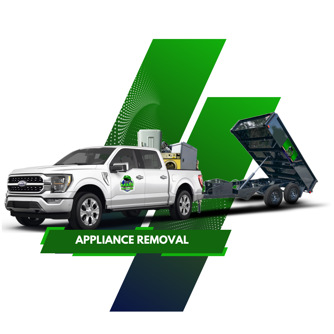 White pickup truck with 'Maui Junk Squad' logo towing a black, raised dumpster trailer, green and blue geometric shapes.