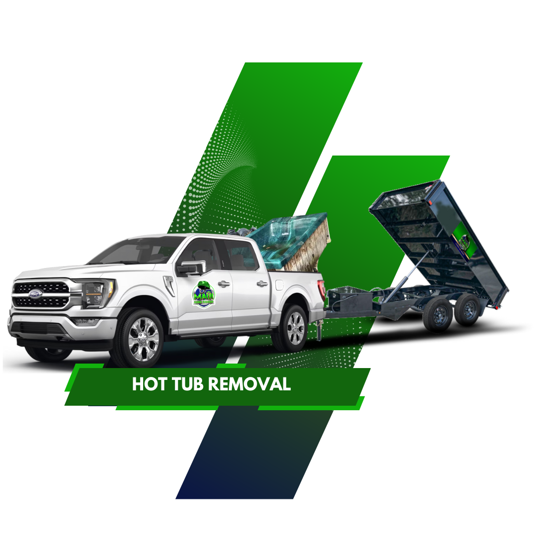 White pickup truck with 'Maui Junk Squad' logo towing a black, raised dumpster trailer, green and blue geometric shapes.