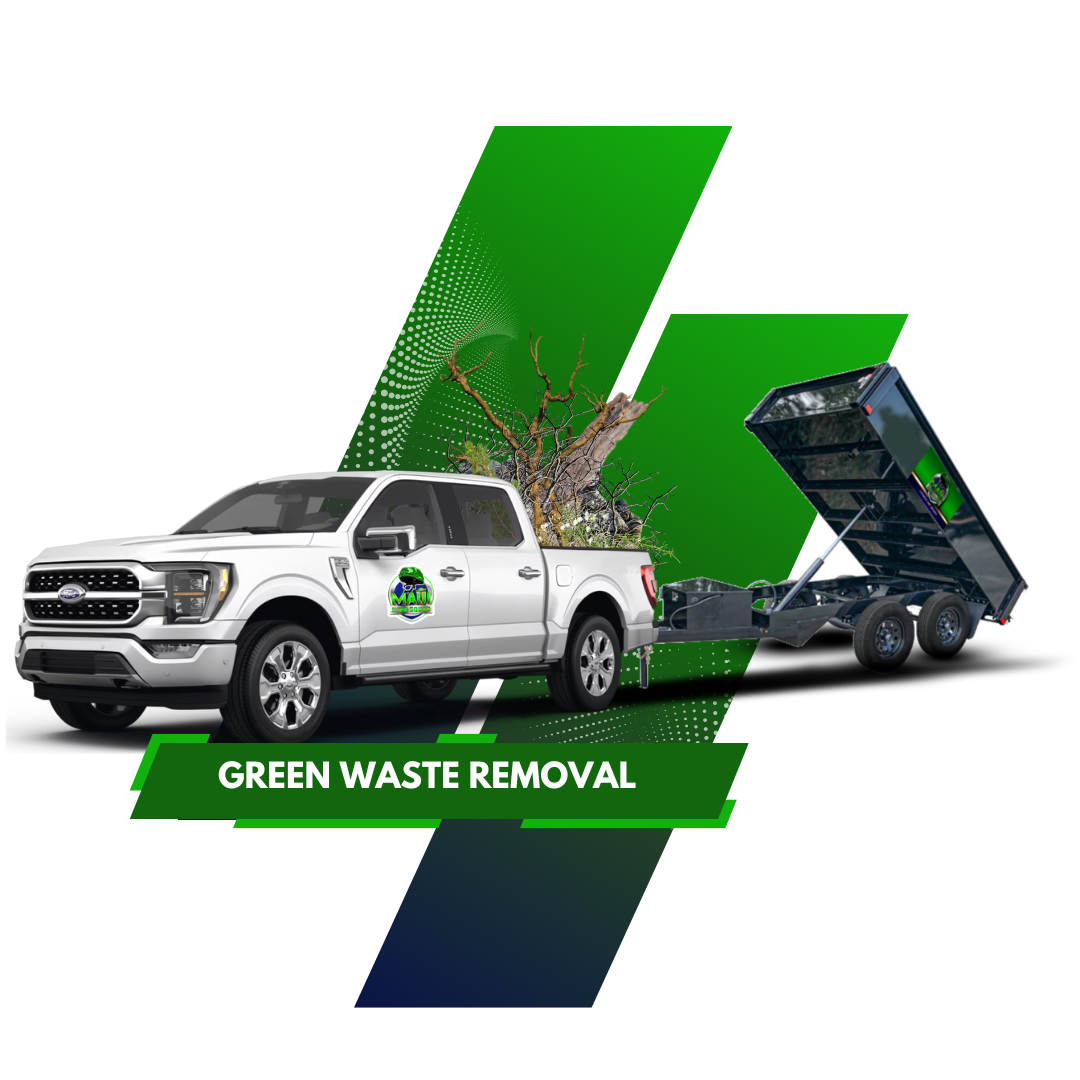White pickup truck with 'Maui Junk Squad' logo towing a black, raised dumpster trailer, green and blue geometric shapes.