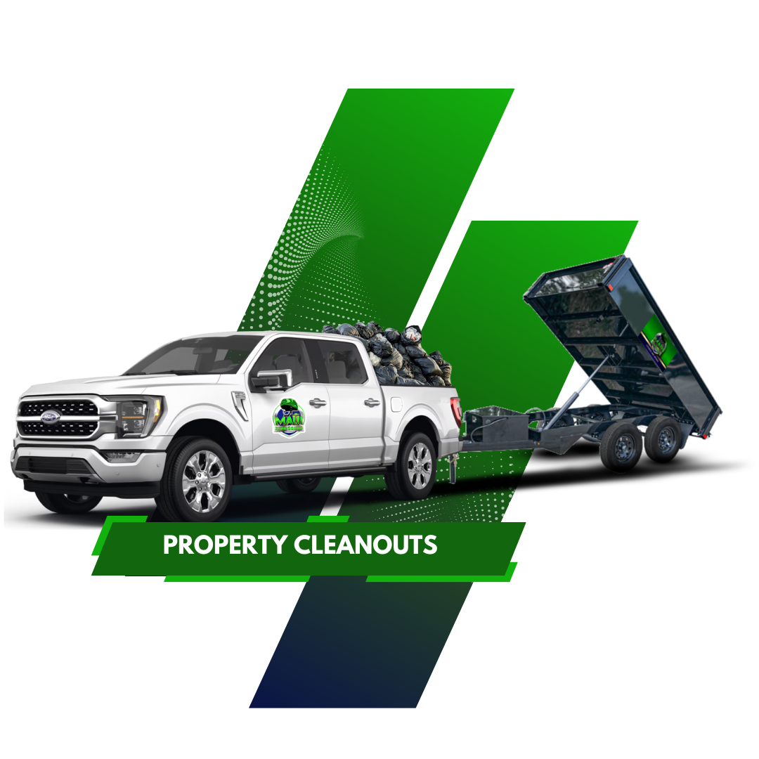 White pickup truck with 'Maui Junk Squad' logo towing a black, raised dumpster trailer, green and blue geometric shapes.
