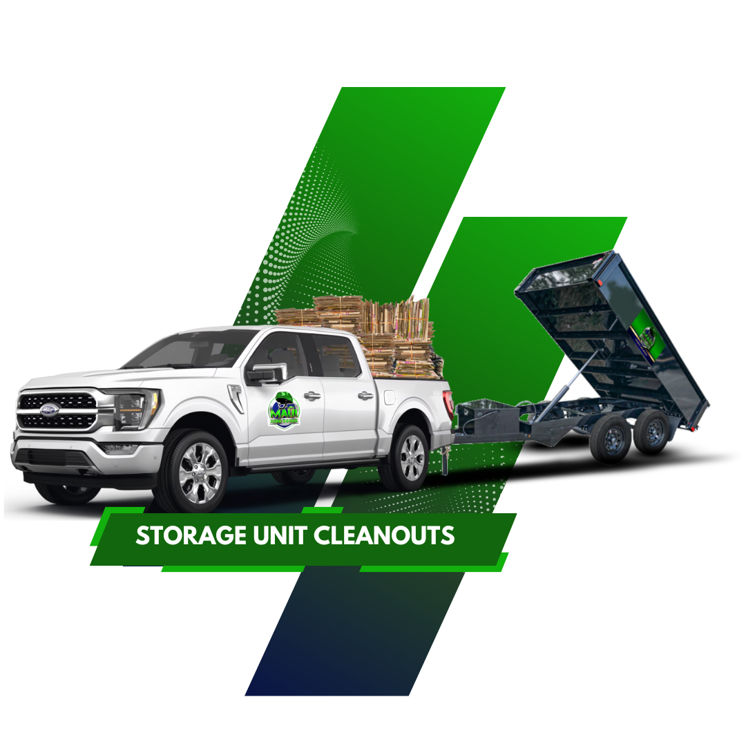 White pickup truck with 'Maui Junk Squad' logo towing a black, raised dumpster trailer, green and blue geometric shapes.
