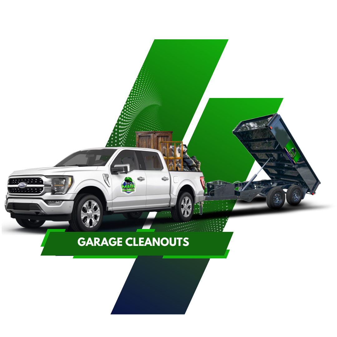 White pickup truck with 'Maui Junk Squad' logo towing a black, raised dumpster trailer, green and blue geometric shapes.