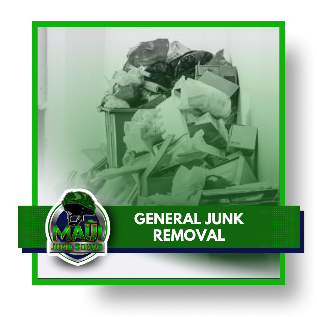 Assorted junk in the background with logo and text in the foreground