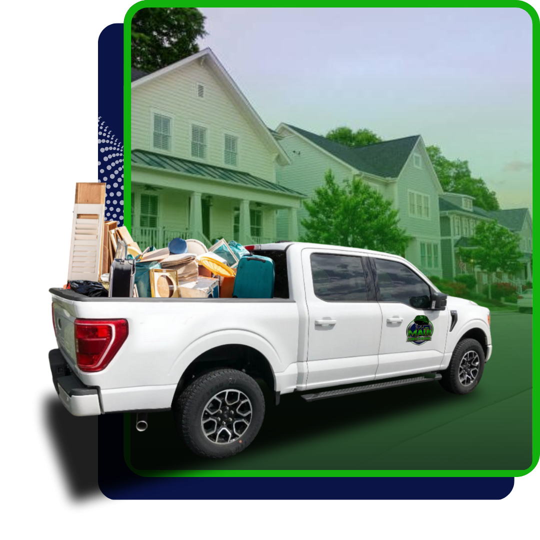 A white pickup truck with a full load of junk items in the back, with houses in the background, with green gradient.
