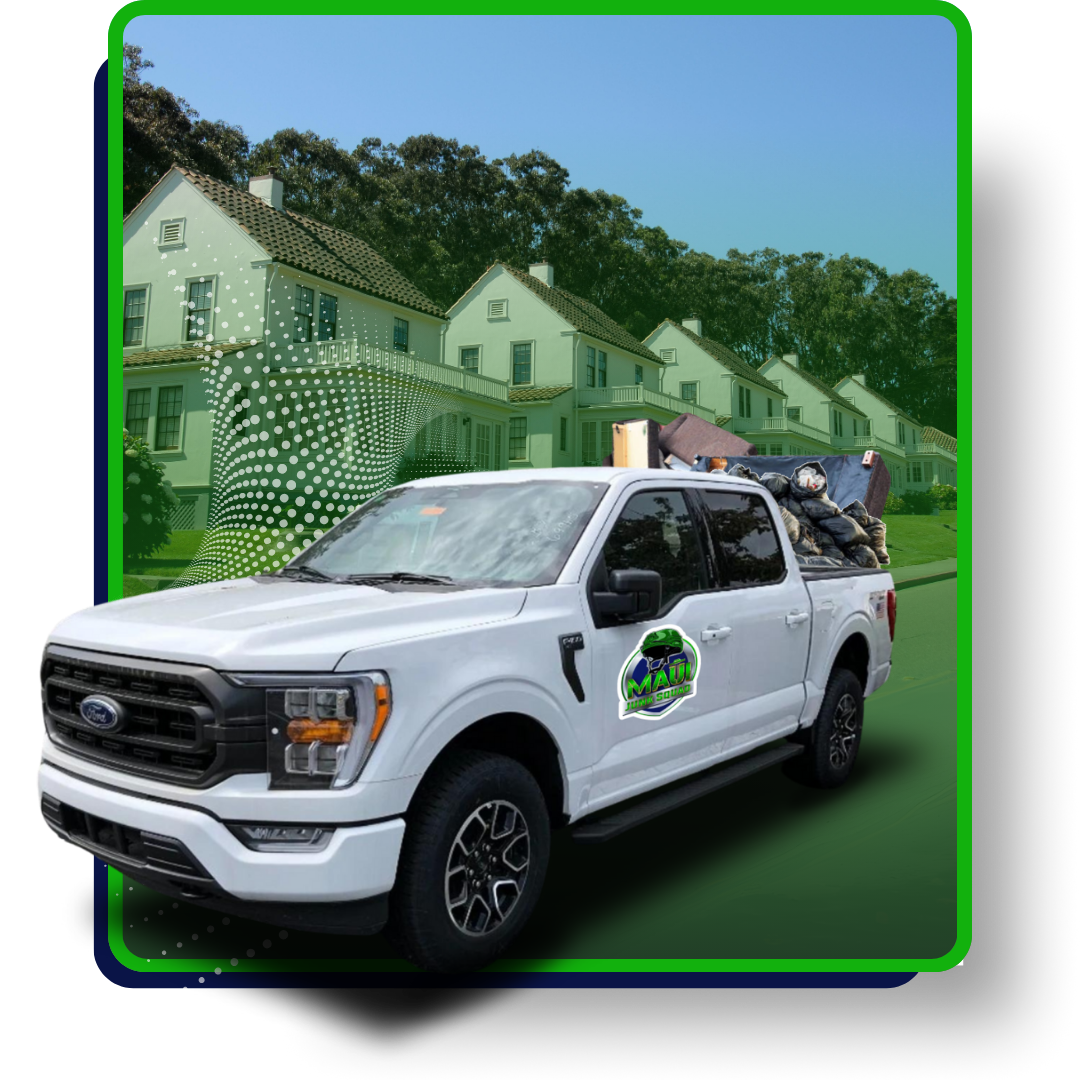 A white pickup truck filled with assorted junk with houses on the background, with green and dotted pattern background.
