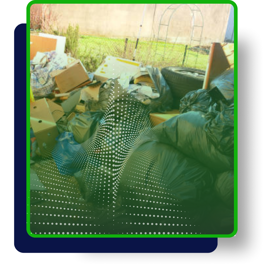 White pickup truck with logo loaded with black garbage bags, with background of houses, green and blue dotted patterns.
