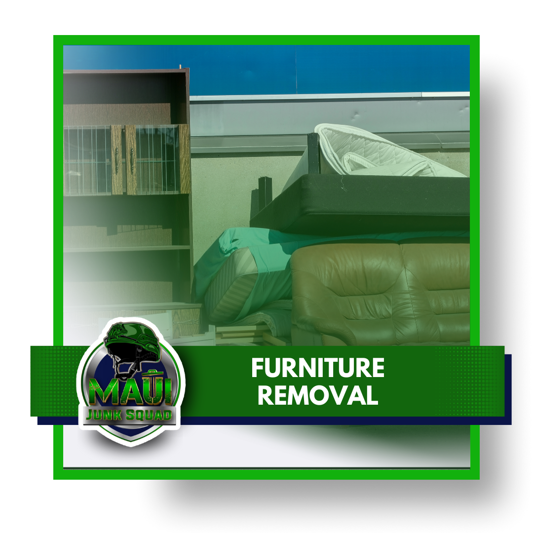 Discarded furniture including a brown sofa, mattress, and bookshelf, with logo and text in the foreground.