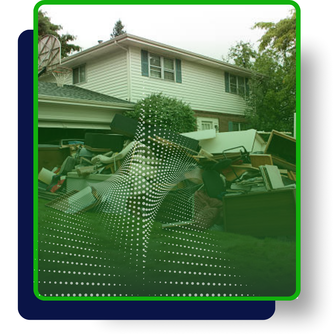 White pickup truck with logo loaded with black garbage bags, with background of houses, green and blue dotted patterns.