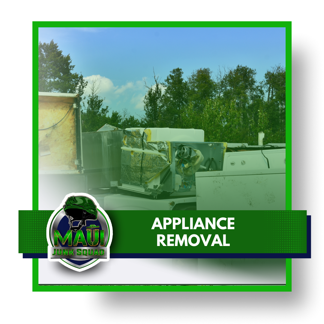 Discarded appliances including a large washing machine and other equipment, with logo and text in the foreground.