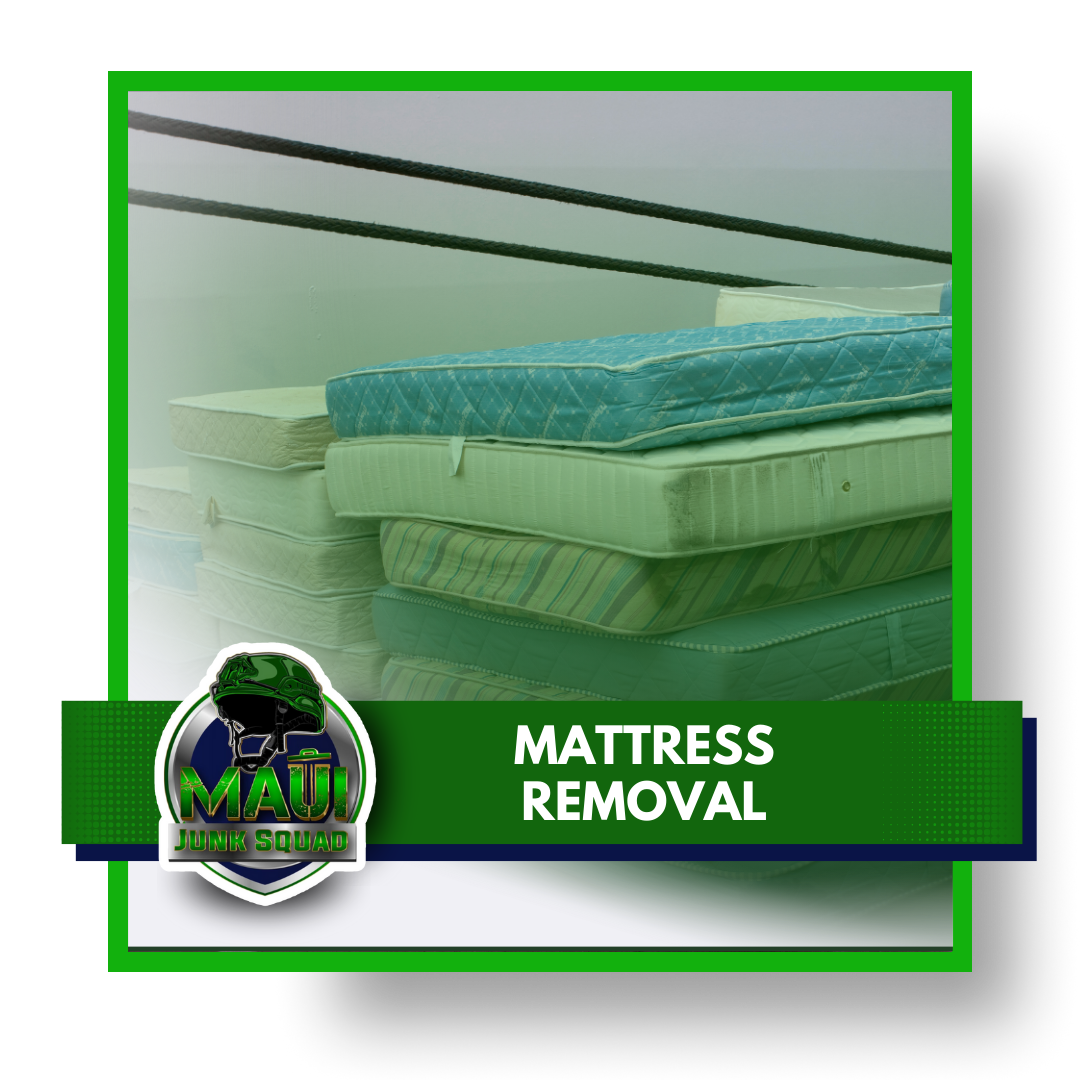 A stack of discarded mattresses in various colors and patterns, with logo and text in the foreground