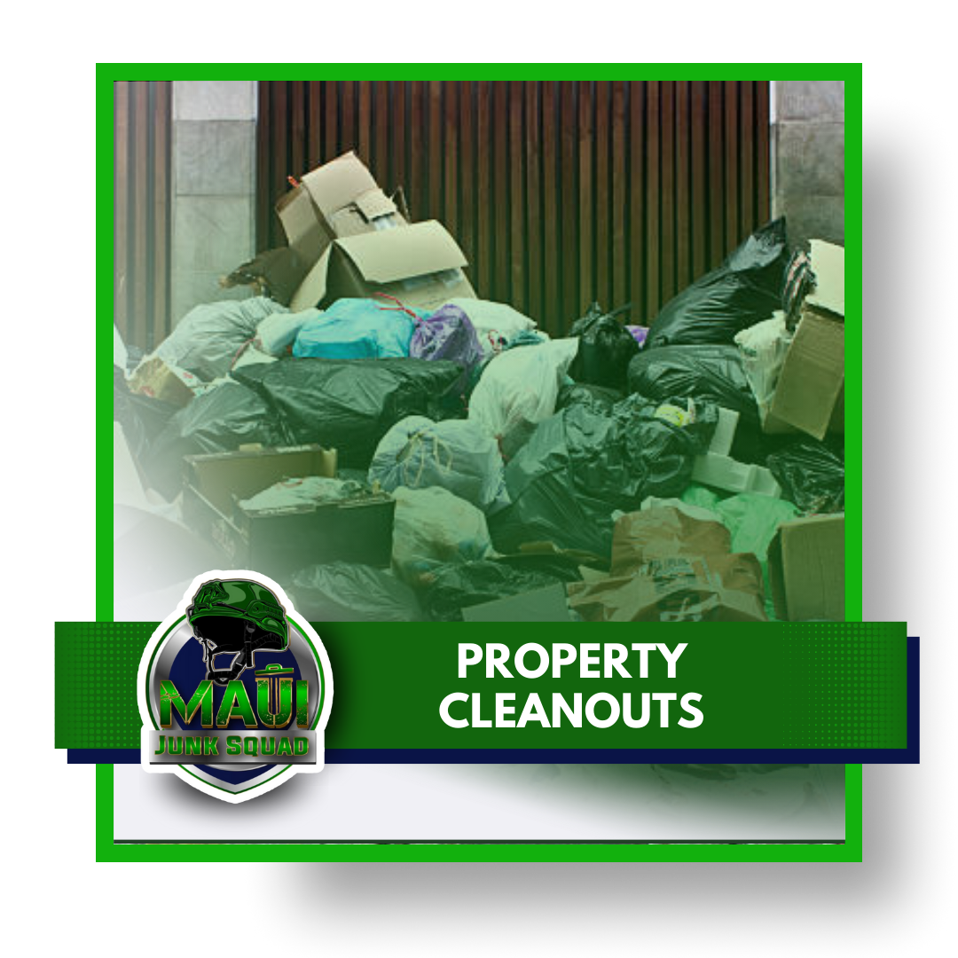 Pile of assorted garbage with logo and text in the foreground.