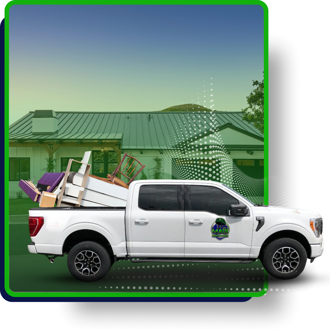 White pickup truck with logo loaded with discarded furniture.