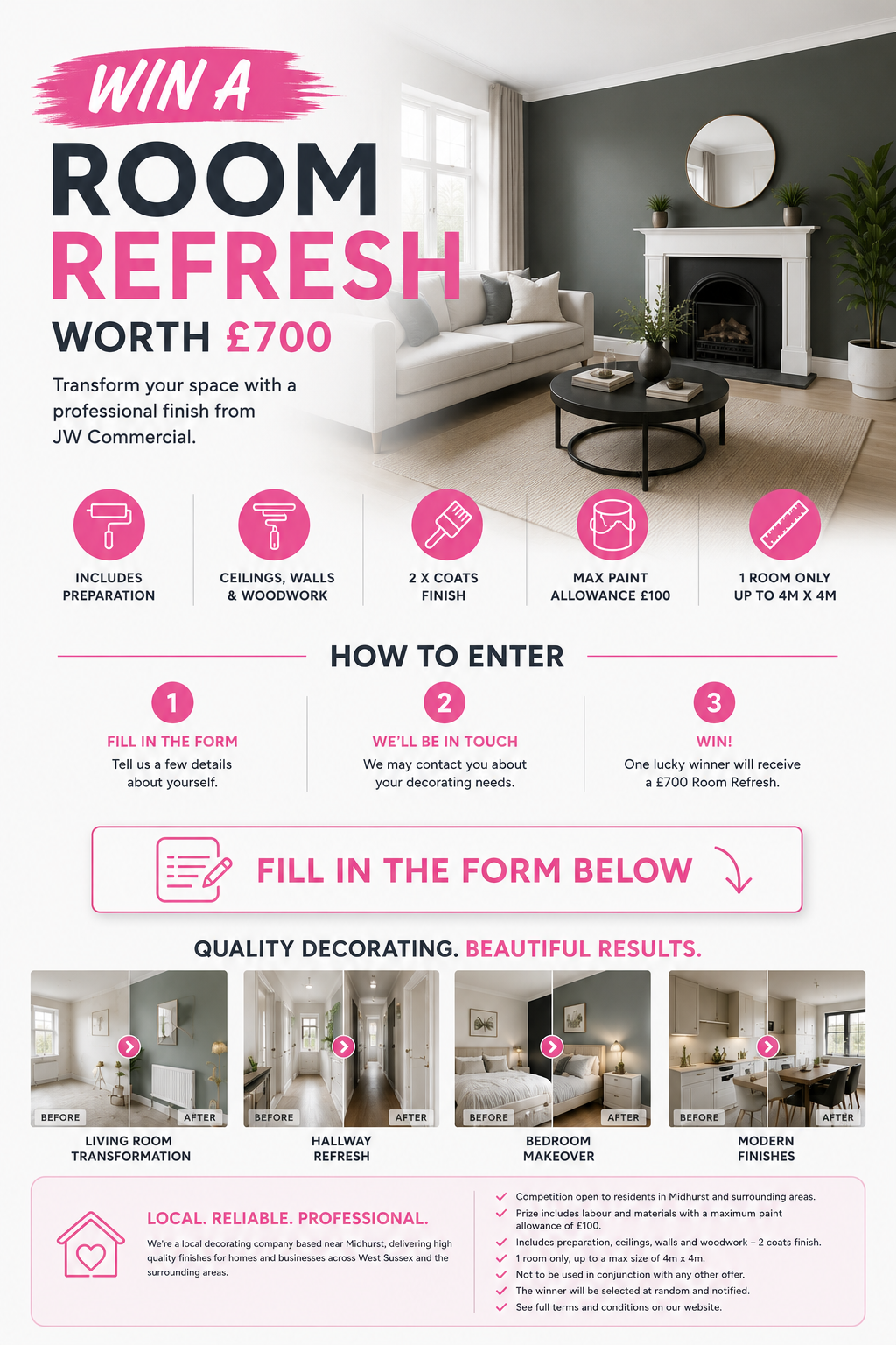 “Win a Room Refresh Worth £700” contest poster with living room, entry steps, and call-to-action button