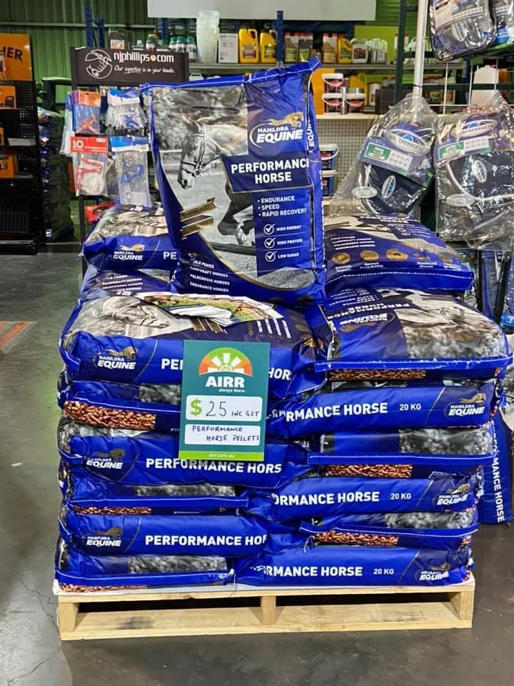 A Pallet of Horse Food is Stacked on Top of Each Other in a Store — MacCallum & Company In Scone, NSW