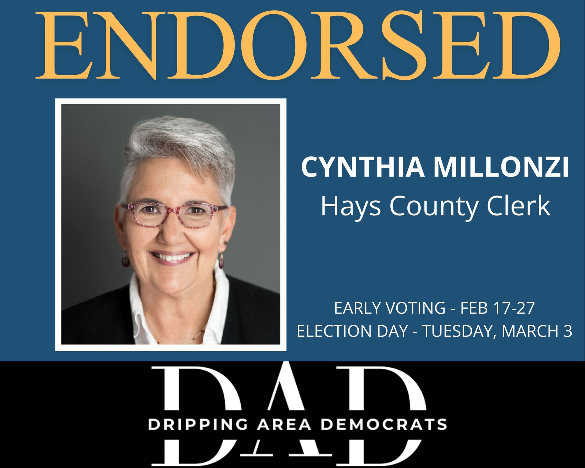 Political ad endorsing Cynthia Millonzi for Hays County Clerk; blue background, white text, photo of Millonzi.