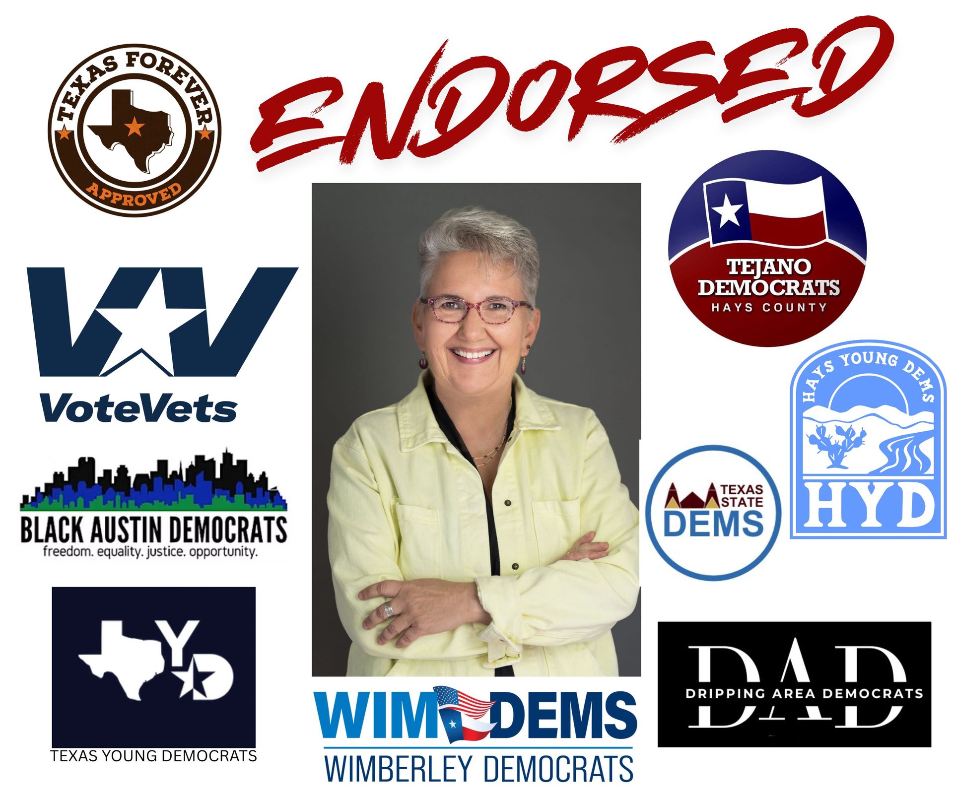 A campaign graphic featuring a person surrounded by various political organization logos and the word 
