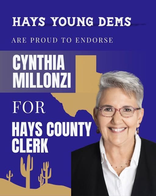 Political ad endorsing Cynthia Millonzi for Hays County Clerk. Blue, gold, cactus, smiling woman.
