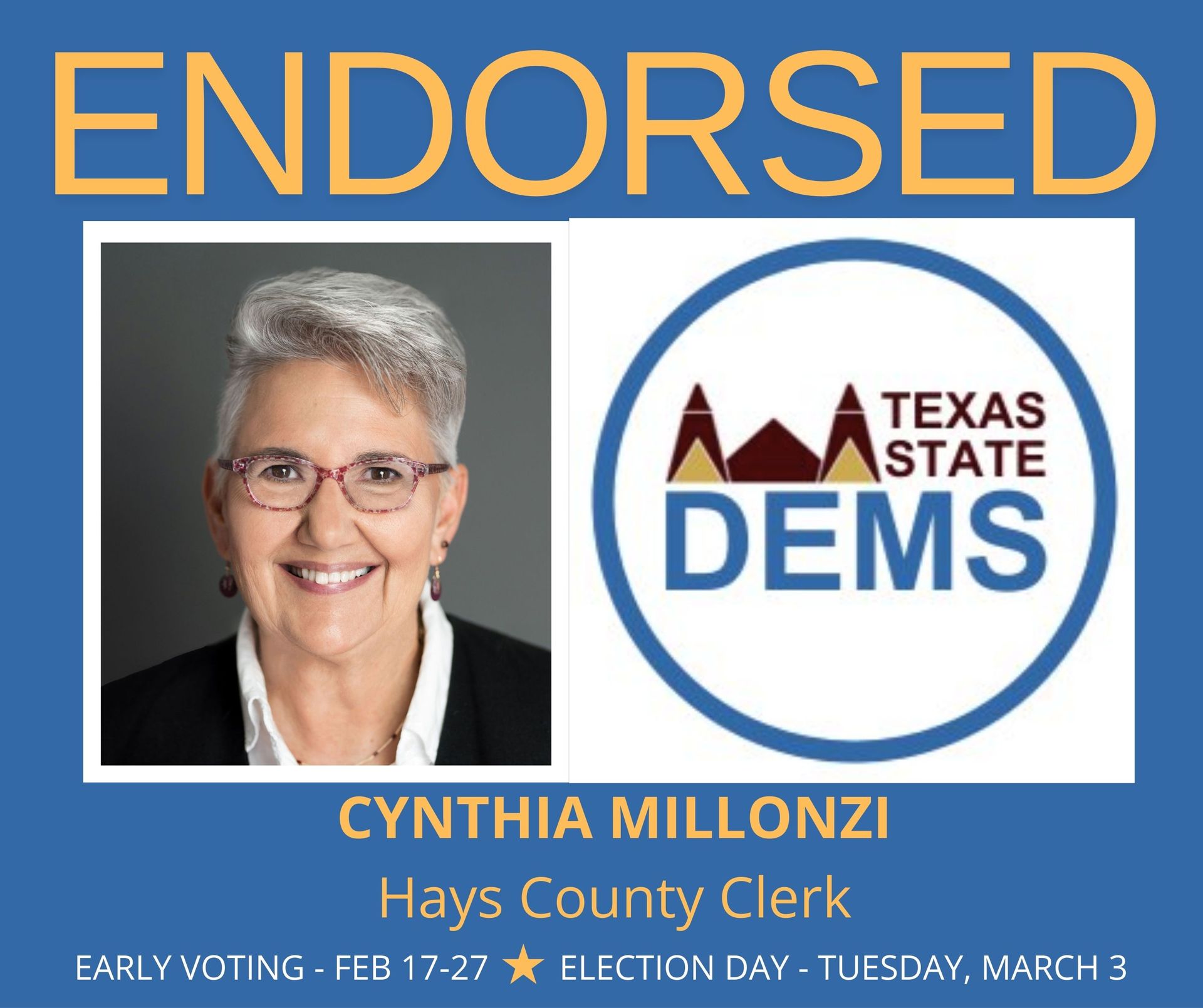 Campaign ad for Cynthia Millonzi for Hays County Clerk, endorsed by Texas State Dems. Includes voting dates.