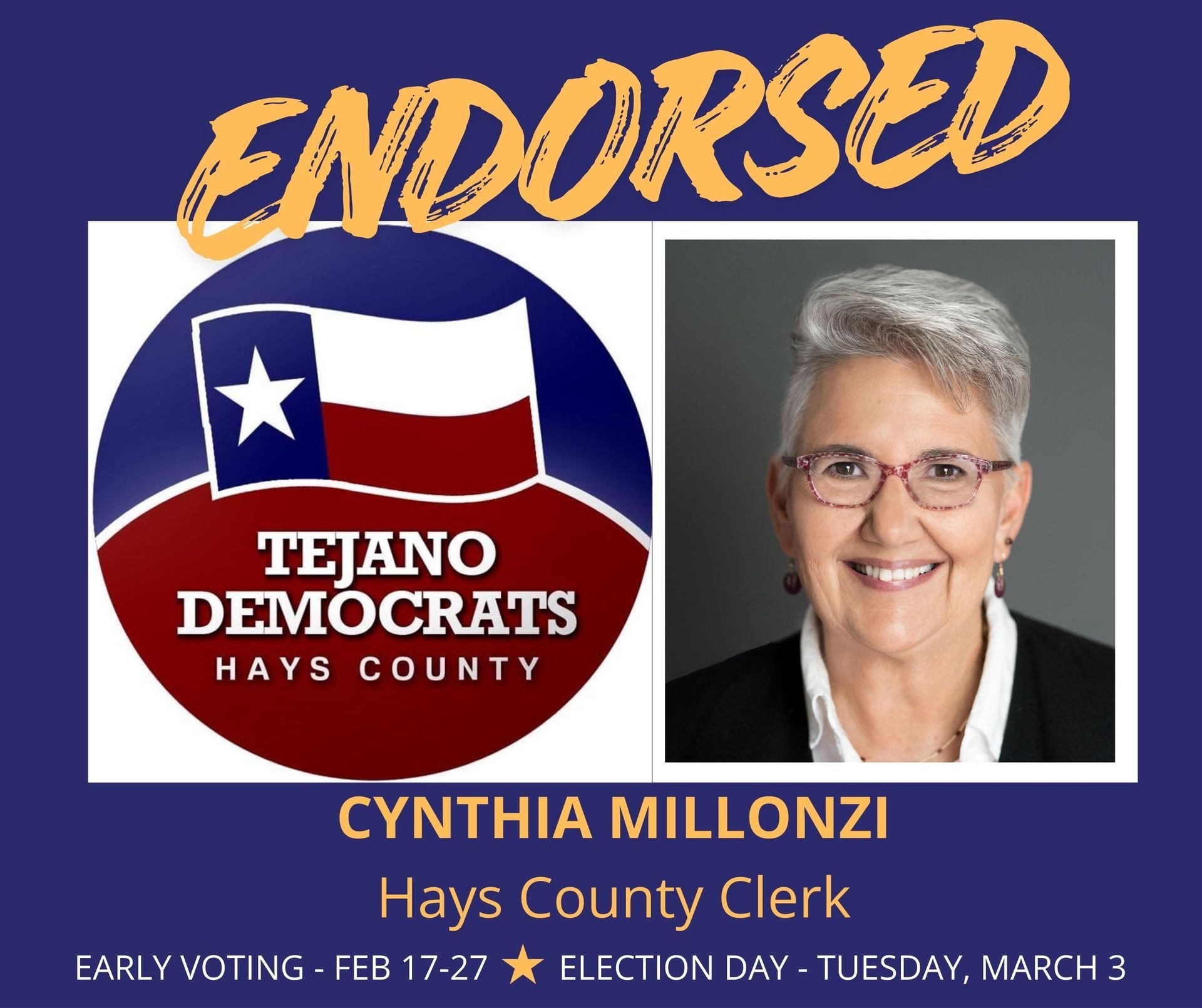 Campaign graphic endorsing Cynthia Millonzi for Hays County Clerk, featuring a Tejano Democrats logo and election dates.