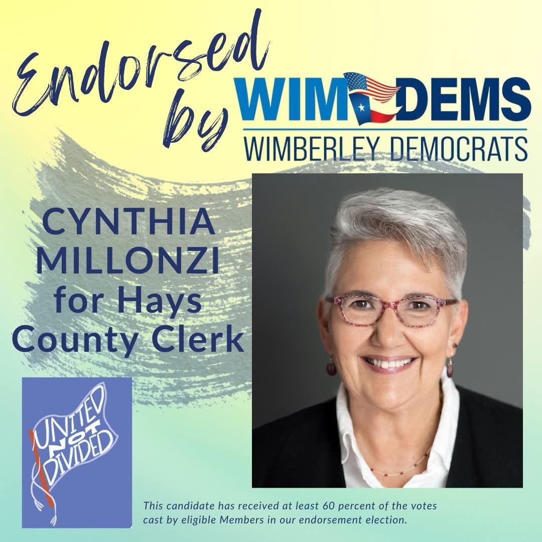 Political ad for Cynthia Millonzi for Hays County Clerk endorsed by Wimberley Democrats. Smiling woman, blue/red accents.