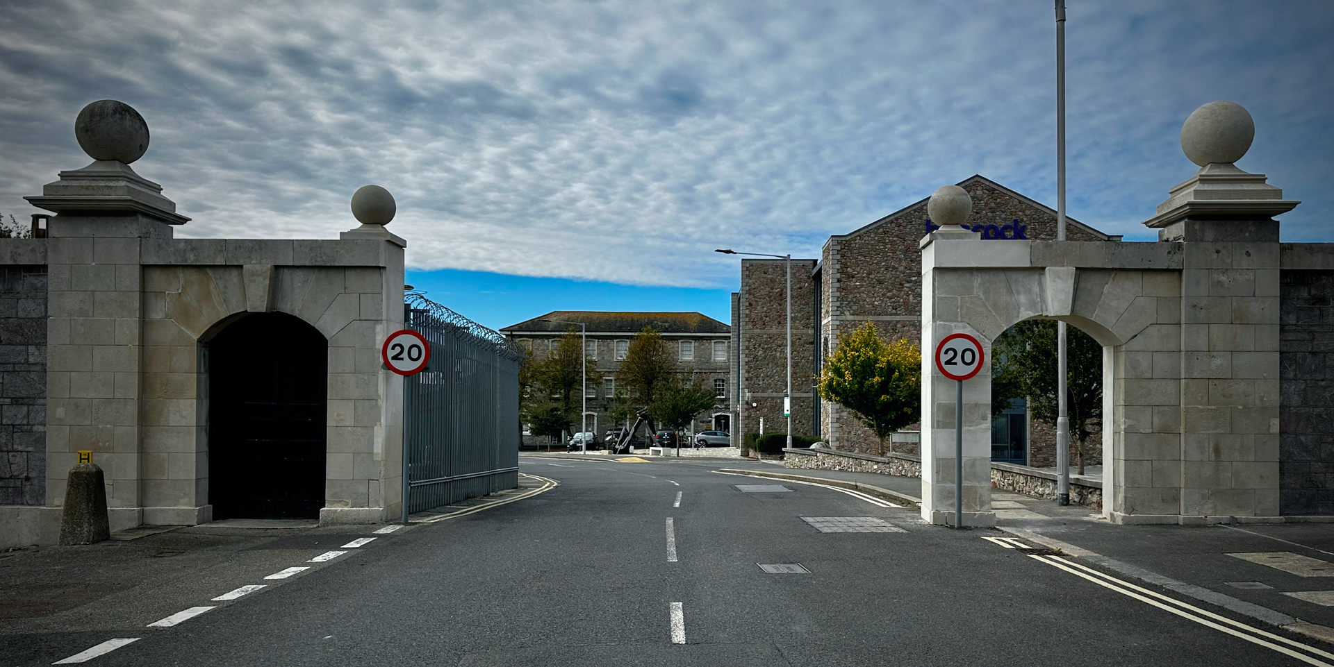 Reconstructed historic dockyard wall and stone arch at Oceansgate, Plymouth, following conservation work by BluePrint.