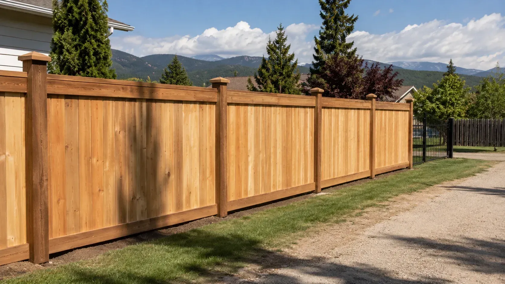 Wooden privacy fence in a grassy yard, representing how much does it cost to install a fence in the Bitterroot Valley.