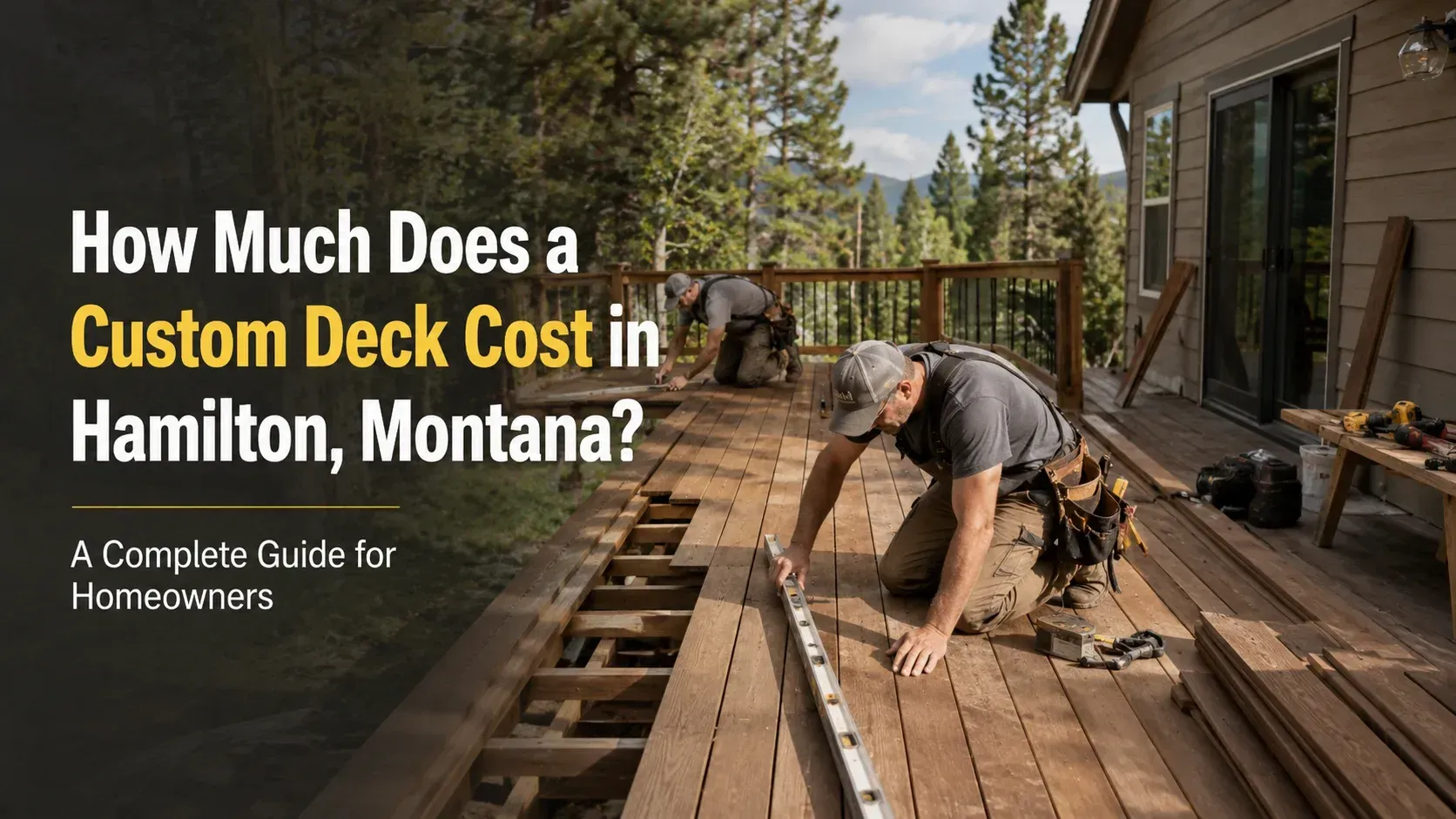 A contractor measuring wood composite boards on a home patio in Hamilton, Montana, explaining how much does a custom deck cost.